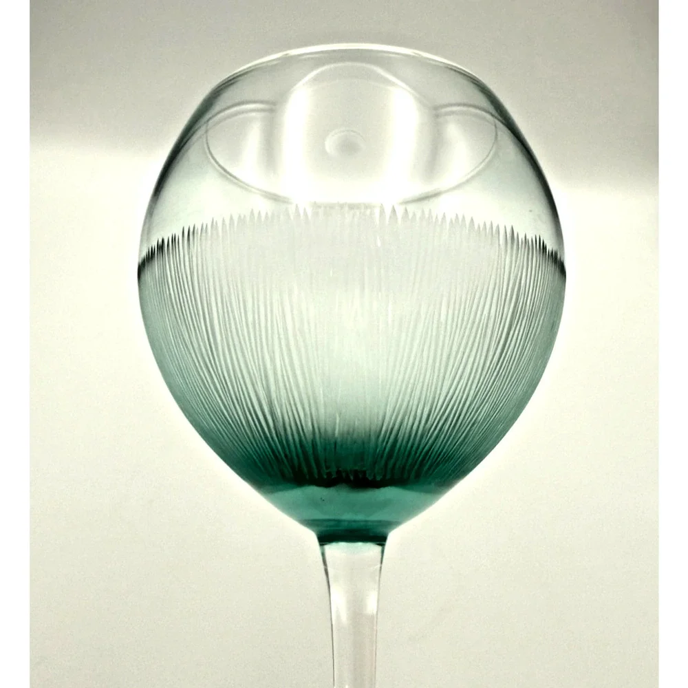 2 Signed Lenox Aqua Blue Balloon Wine Glasses Sheer Rim Vertical Etched Lines
